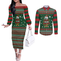 Too Cute For The Naughty List Christmas Couples Matching Off The Shoulder Long Sleeve Dress and Long Sleeve Button Shirt Xmas Holiday Patterns - Wonder Print Shop