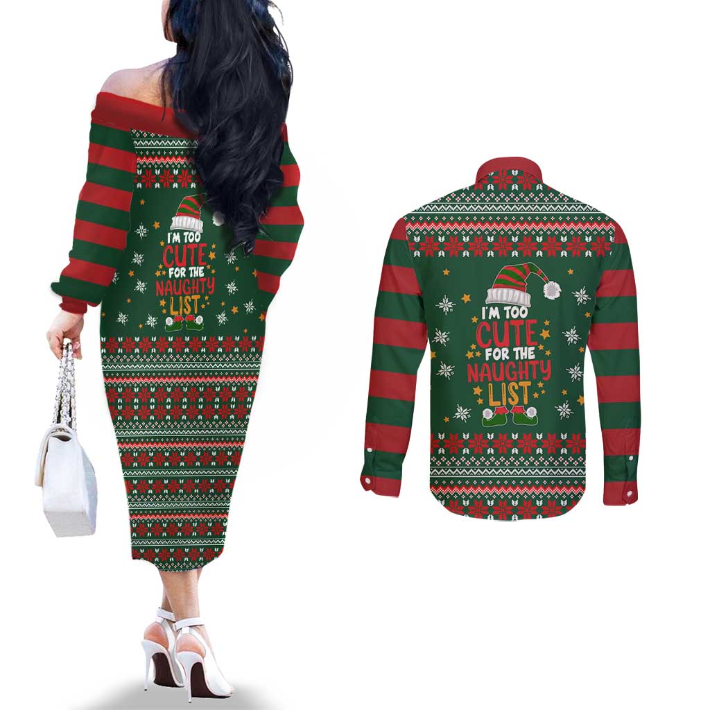 Too Cute For The Naughty List Christmas Couples Matching Off The Shoulder Long Sleeve Dress and Long Sleeve Button Shirt Xmas Holiday Patterns - Wonder Print Shop
