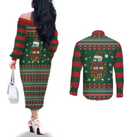 Too Cute For The Naughty List Christmas Couples Matching Off The Shoulder Long Sleeve Dress and Long Sleeve Button Shirt Xmas Holiday Patterns - Wonder Print Shop