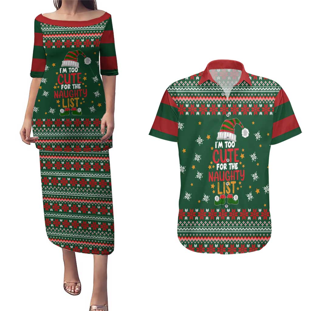 Too Cute For The Naughty List Christmas Couples Matching Puletasi and Hawaiian Shirt Xmas Holiday Patterns - Wonder Print Shop