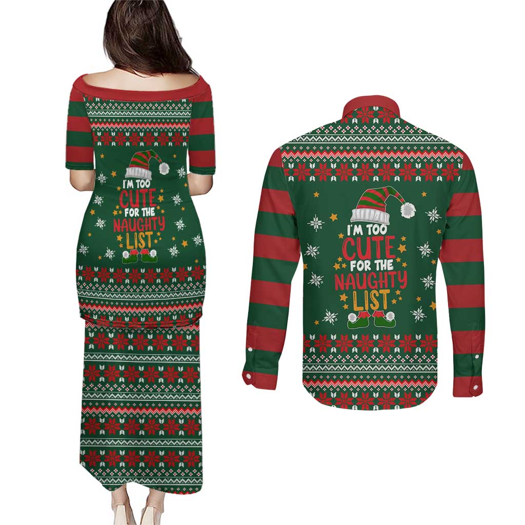 Too Cute For The Naughty List Christmas Couples Matching Puletasi and Long Sleeve Button Shirt Xmas Holiday Patterns - Wonder Print Shop