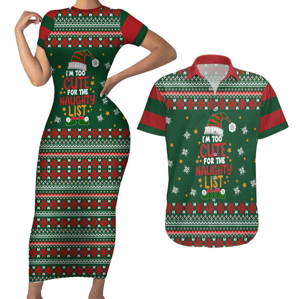 Too Cute For The Naughty List Christmas Couples Matching Short Sleeve Bodycon Dress and Hawaiian Shirt Xmas Holiday Patterns - Wonder Print Shop