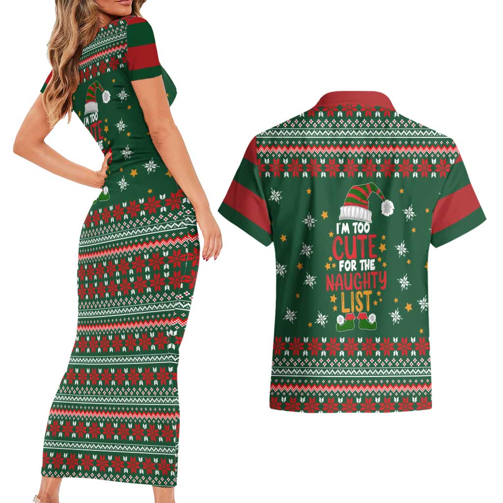 Too Cute For The Naughty List Christmas Couples Matching Short Sleeve Bodycon Dress and Hawaiian Shirt Xmas Holiday Patterns - Wonder Print Shop
