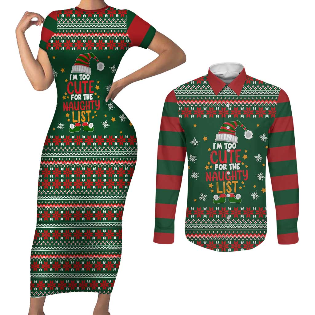 Too Cute For The Naughty List Christmas Couples Matching Short Sleeve Bodycon Dress and Long Sleeve Button Shirt Xmas Holiday Patterns - Wonder Print Shop