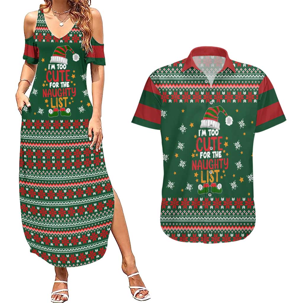 Too Cute For The Naughty List Christmas Couples Matching Summer Maxi Dress and Hawaiian Shirt Xmas Holiday Patterns - Wonder Print Shop