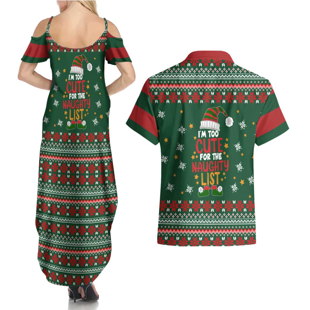 Too Cute For The Naughty List Christmas Couples Matching Summer Maxi Dress and Hawaiian Shirt Xmas Holiday Patterns - Wonder Print Shop