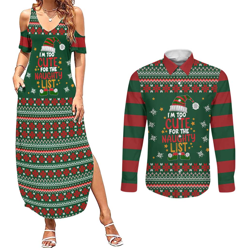 Too Cute For The Naughty List Christmas Couples Matching Summer Maxi Dress and Long Sleeve Button Shirt Xmas Holiday Patterns - Wonder Print Shop