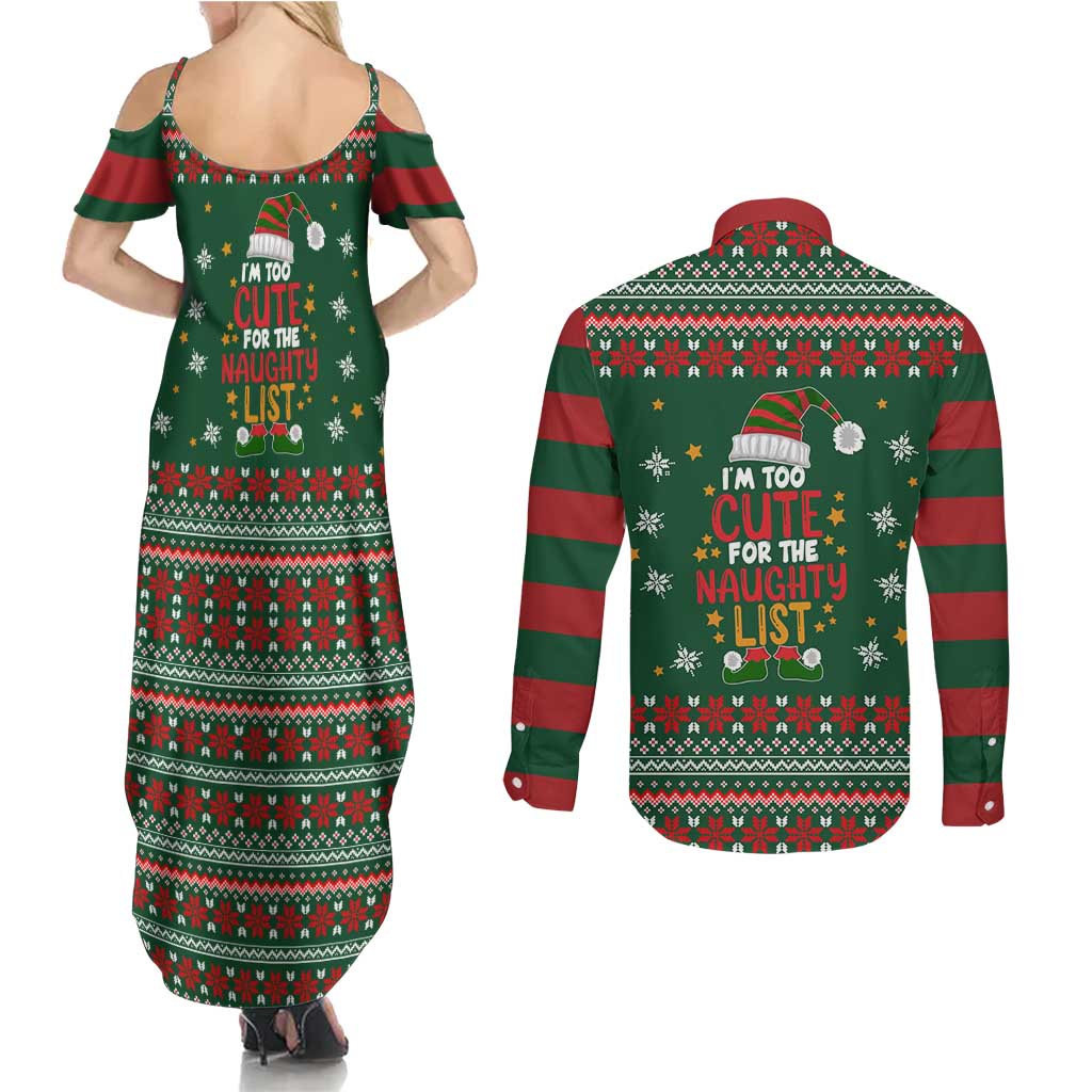 Too Cute For The Naughty List Christmas Couples Matching Summer Maxi Dress and Long Sleeve Button Shirt Xmas Holiday Patterns - Wonder Print Shop