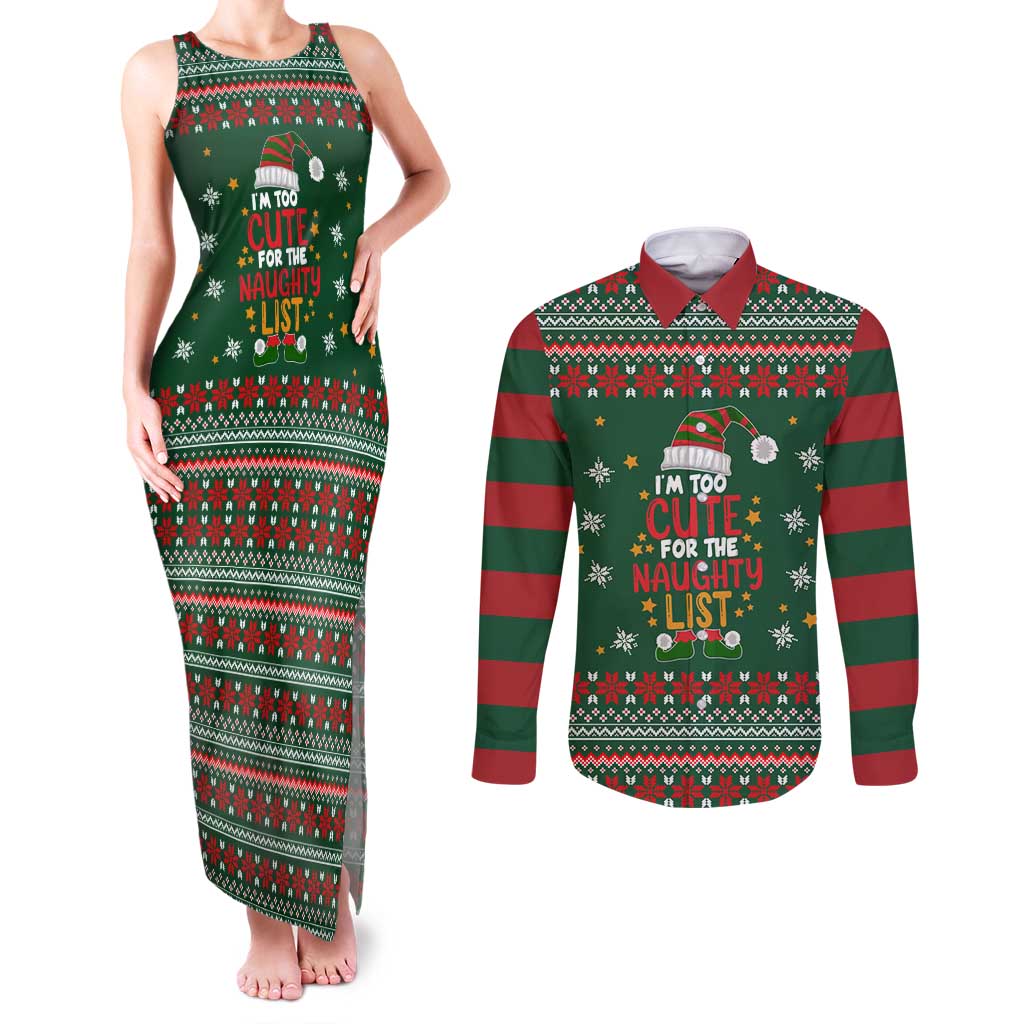 Too Cute For The Naughty List Christmas Couples Matching Tank Maxi Dress and Long Sleeve Button Shirt Xmas Holiday Patterns - Wonder Print Shop