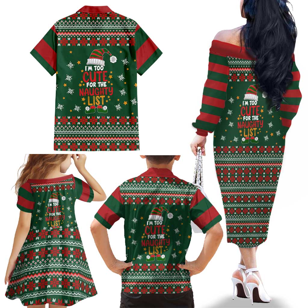Too Cute For The Naughty List Christmas Family Matching Off The Shoulder Long Sleeve Dress and Hawaiian Shirt Xmas Holiday Patterns - Wonder Print Shop