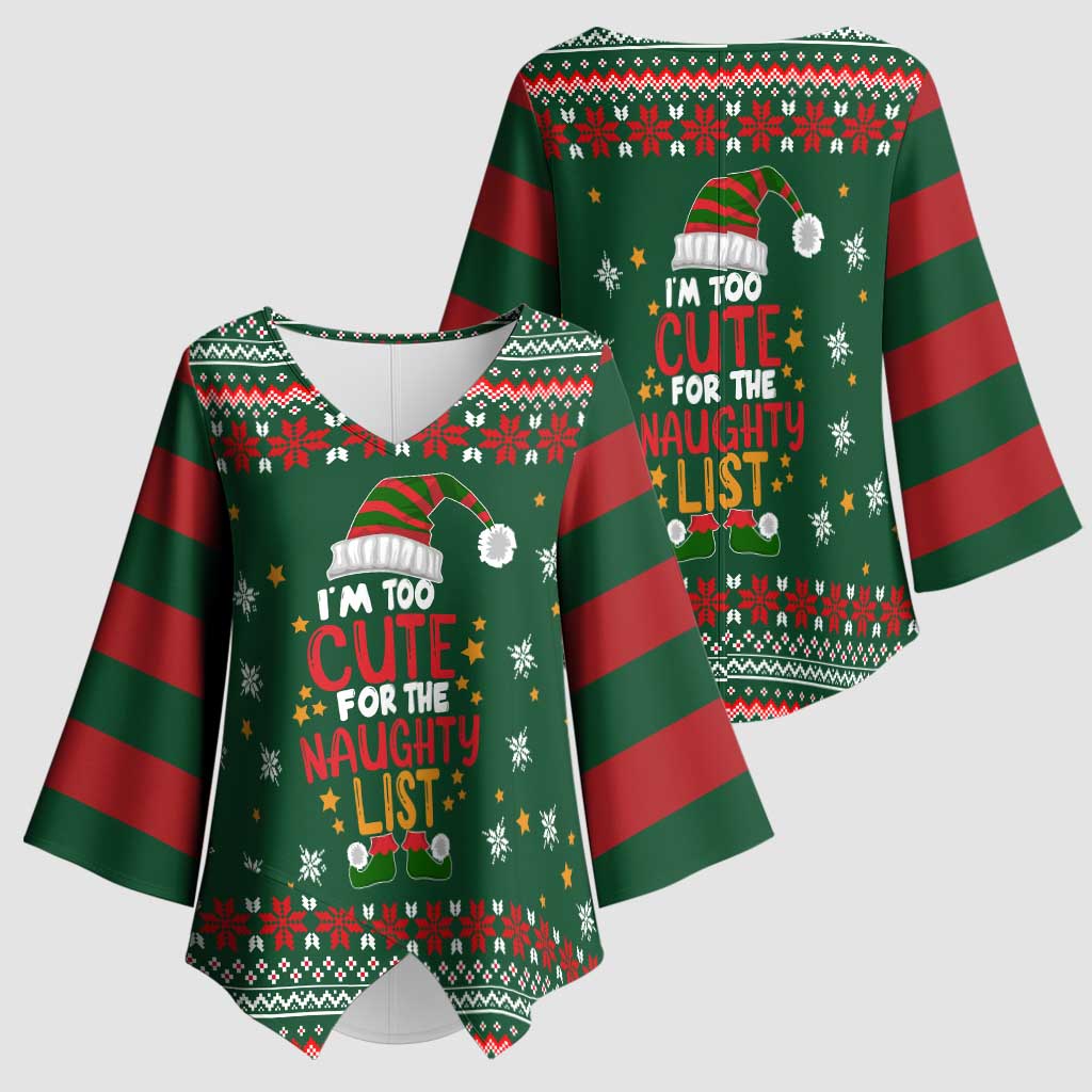 Too Cute For The Naughty List Christmas Kimono Sleeve Blouse Xmas Holiday Patterns - Wonder Print Shop