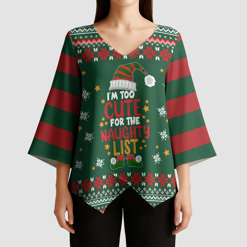 Too Cute For The Naughty List Christmas Kimono Sleeve Blouse Xmas Holiday Patterns - Wonder Print Shop