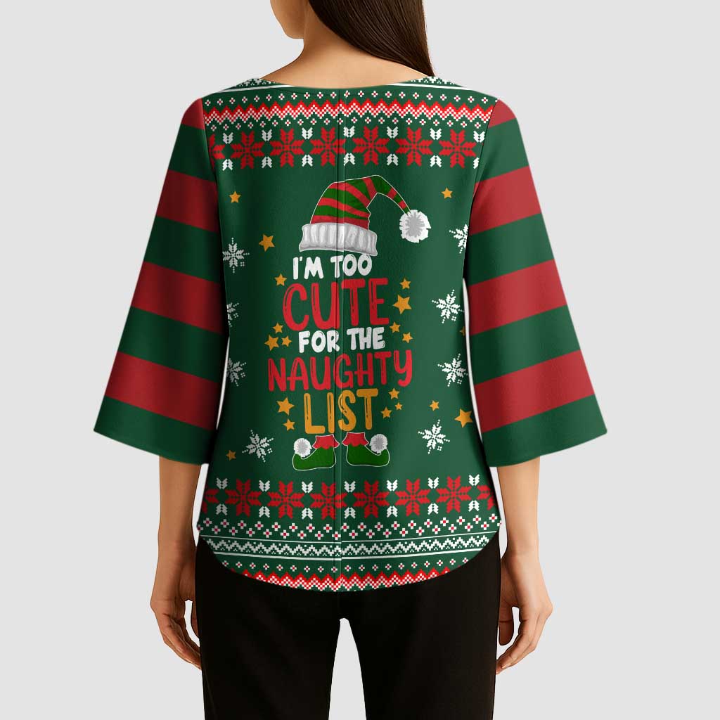 Too Cute For The Naughty List Christmas Kimono Sleeve Blouse Xmas Holiday Patterns - Wonder Print Shop