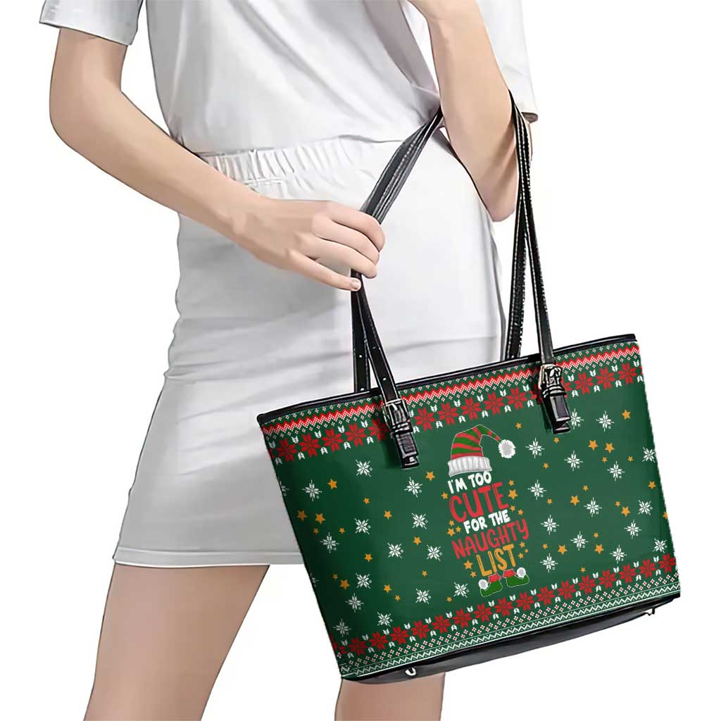Too Cute For The Naughty List Christmas Leather Tote Bag Xmas Holiday Patterns - Wonder Print Shop