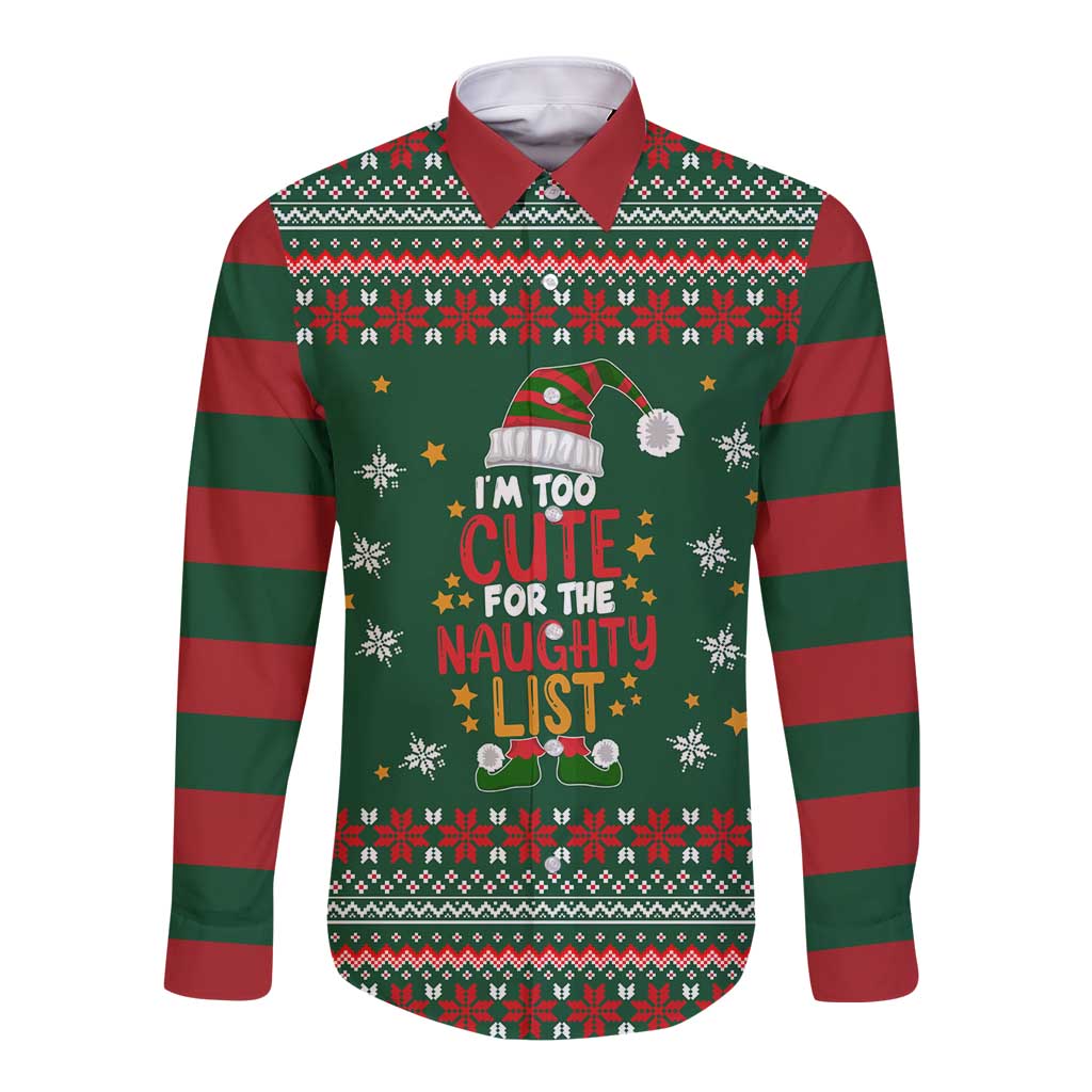 Too Cute For The Naughty List Christmas Long Sleeve Button Shirt Xmas Holiday Patterns - Wonder Print Shop