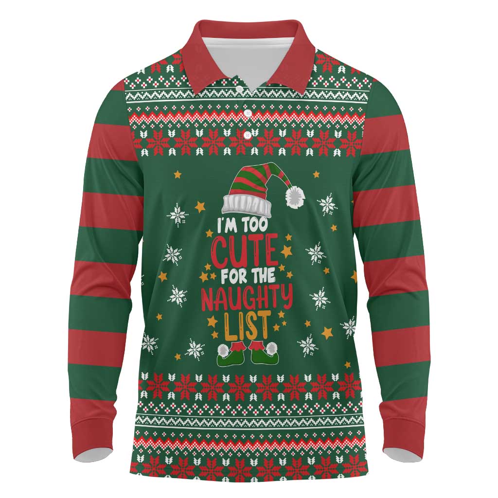 Too Cute For The Naughty List Christmas Long Sleeve Polo Shirt Xmas Holiday Patterns - Wonder Print Shop