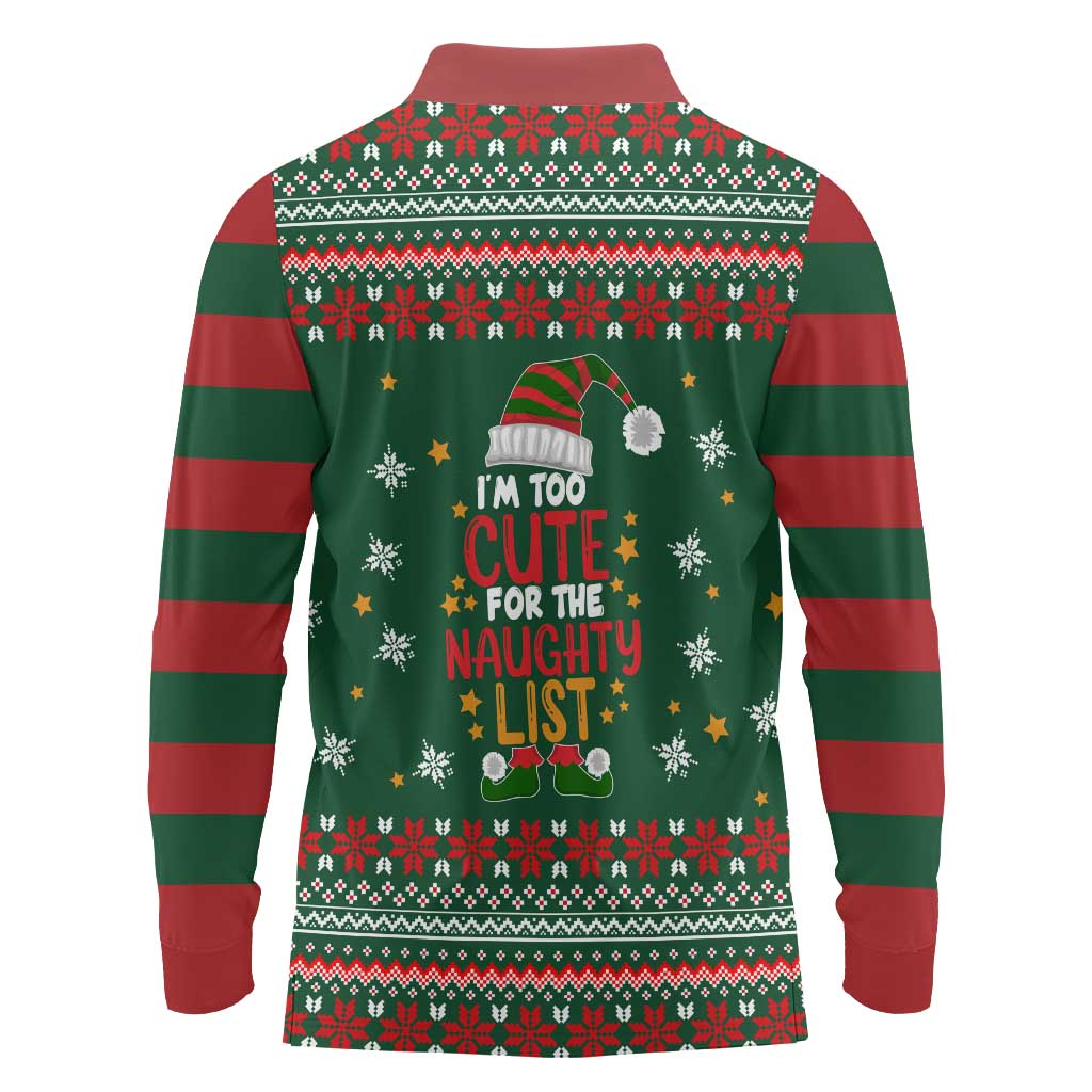 Too Cute For The Naughty List Christmas Long Sleeve Polo Shirt Xmas Holiday Patterns - Wonder Print Shop