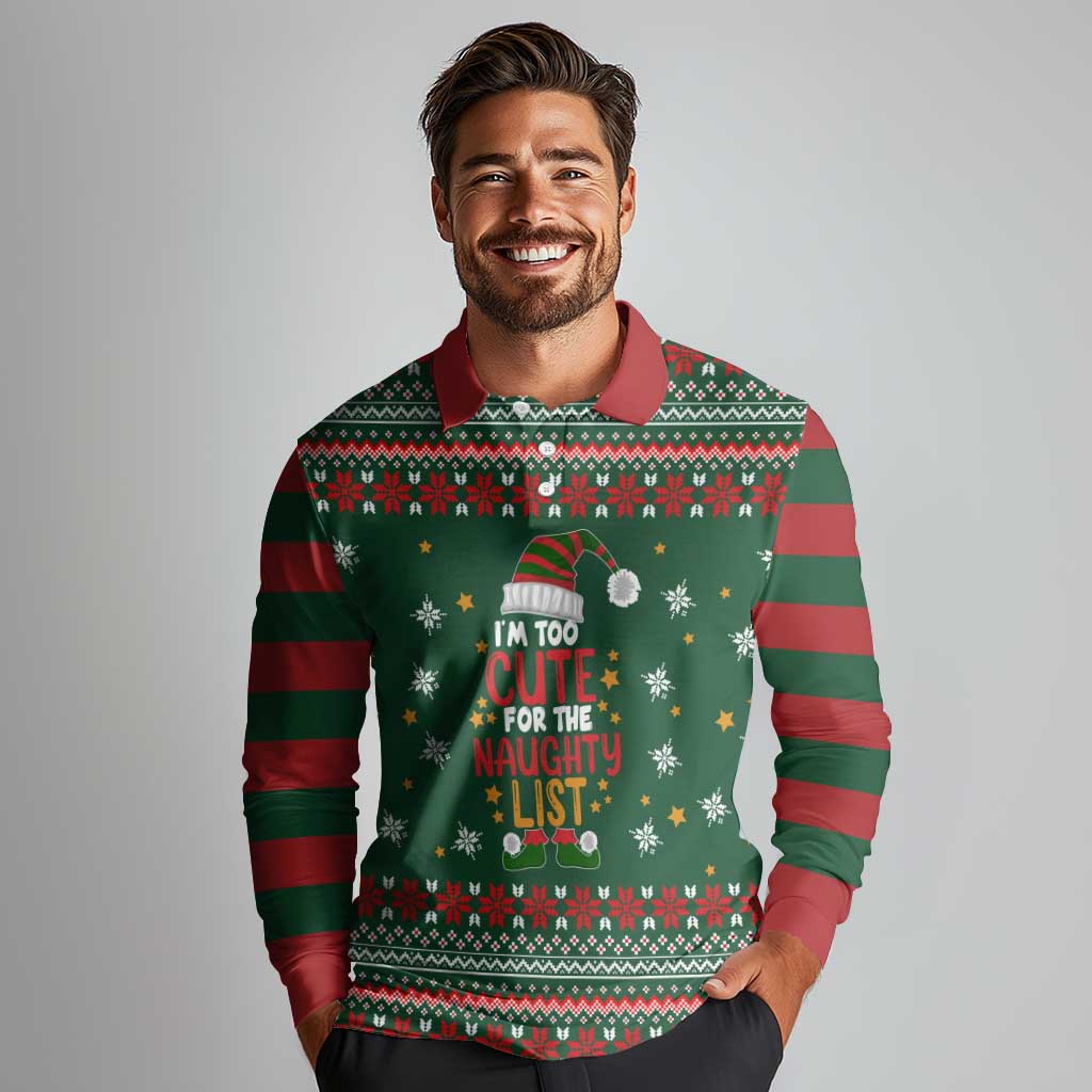 Too Cute For The Naughty List Christmas Long Sleeve Polo Shirt Xmas Holiday Patterns - Wonder Print Shop