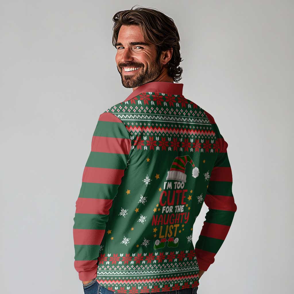Too Cute For The Naughty List Christmas Long Sleeve Polo Shirt Xmas Holiday Patterns - Wonder Print Shop
