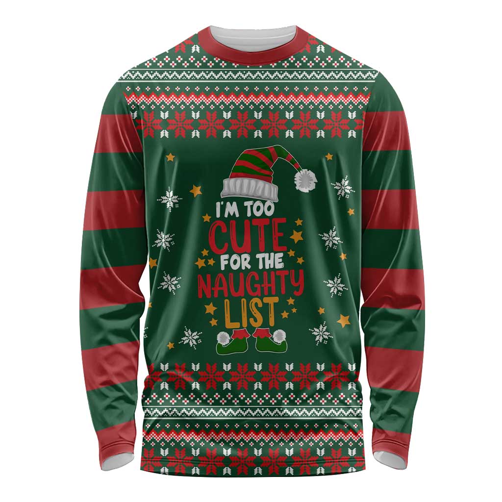 Too Cute For The Naughty List Christmas Long Sleeve Shirt Xmas Holiday Patterns - Wonder Print Shop