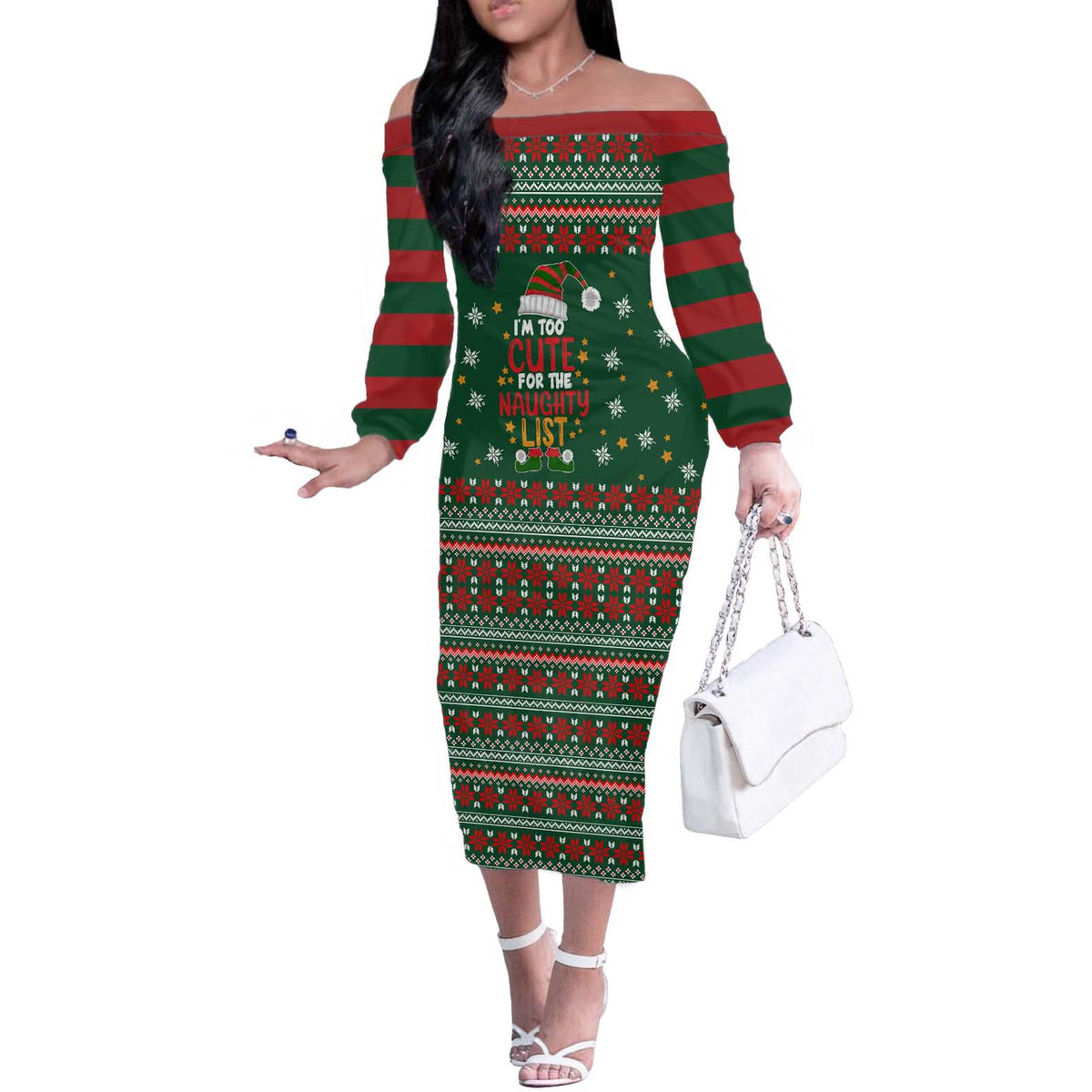 Too Cute For The Naughty List Christmas Off The Shoulder Long Sleeve Dress Xmas Holiday Patterns - Wonder Print Shop