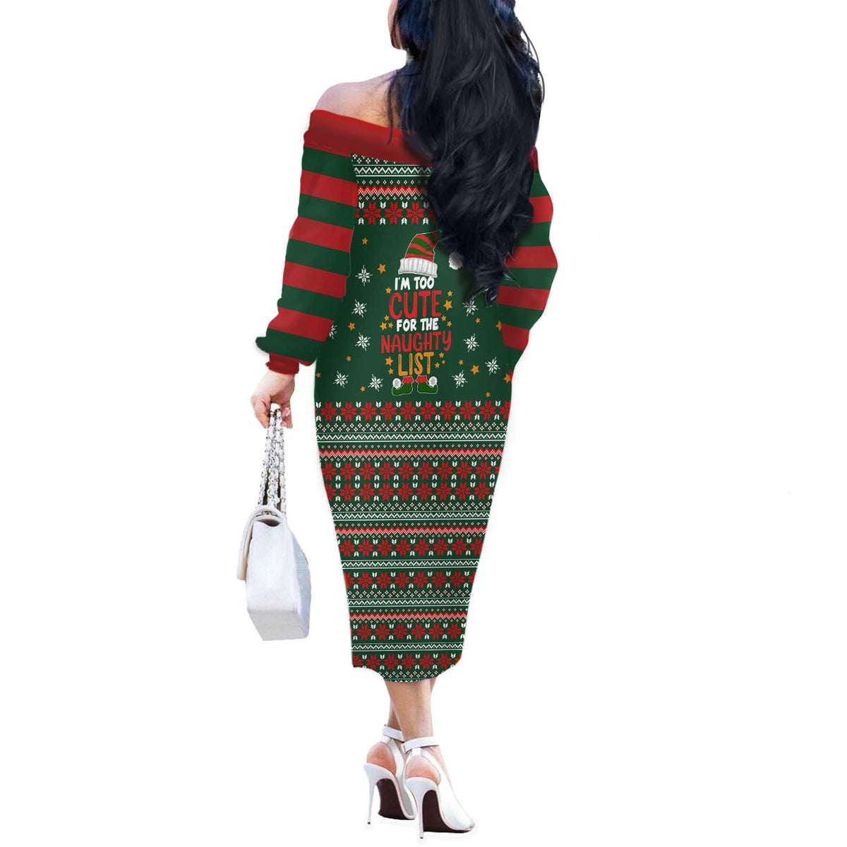 Too Cute For The Naughty List Christmas Off The Shoulder Long Sleeve Dress Xmas Holiday Patterns - Wonder Print Shop