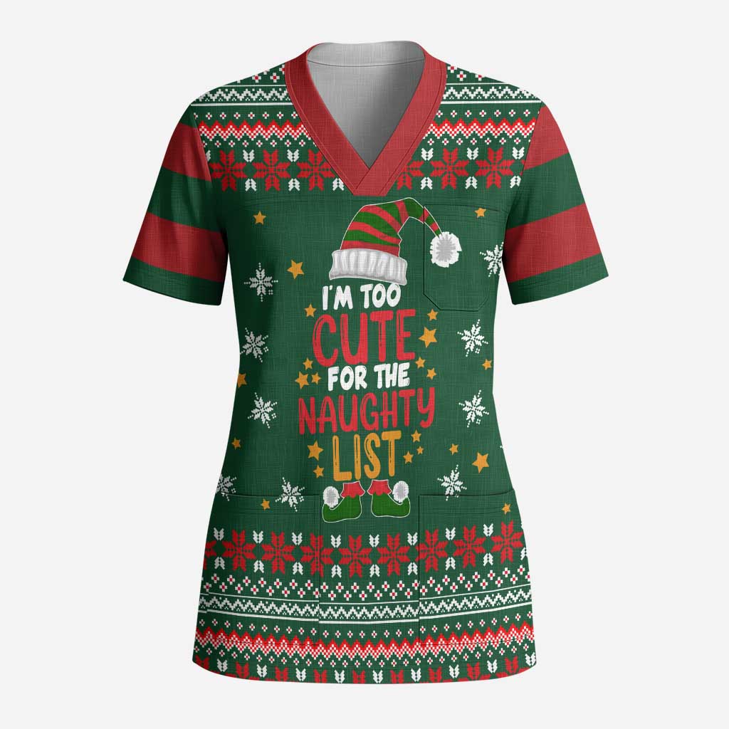 Too Cute For The Naughty List Christmas Scrub Top Xmas Holiday Patterns - Wonder Print Shop