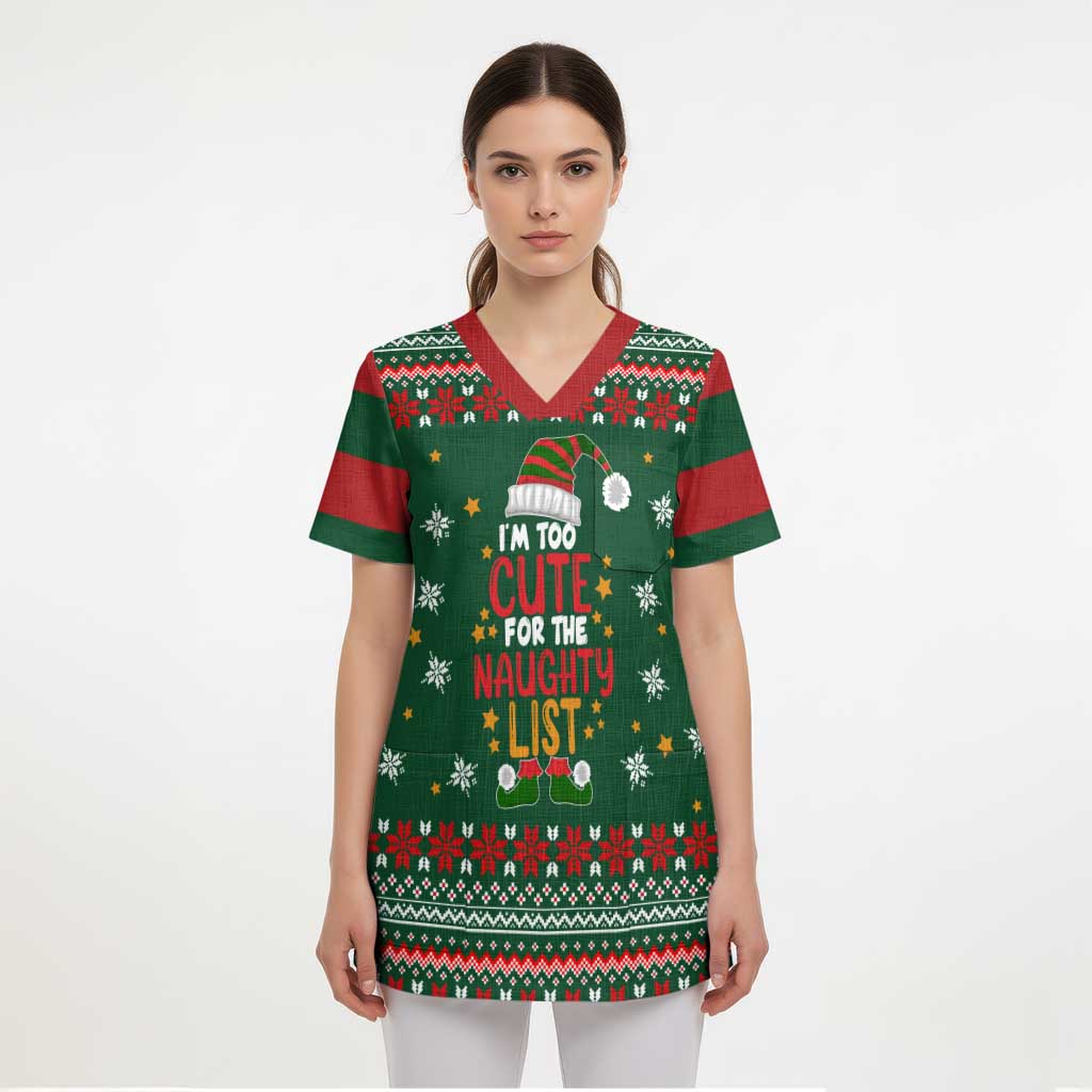 Too Cute For The Naughty List Christmas Scrub Top Xmas Holiday Patterns - Wonder Print Shop