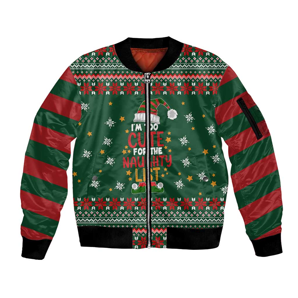 Too Cute For The Naughty List Christmas Sleeve Zip Bomber Jacket Xmas Holiday Patterns - Wonder Print Shop