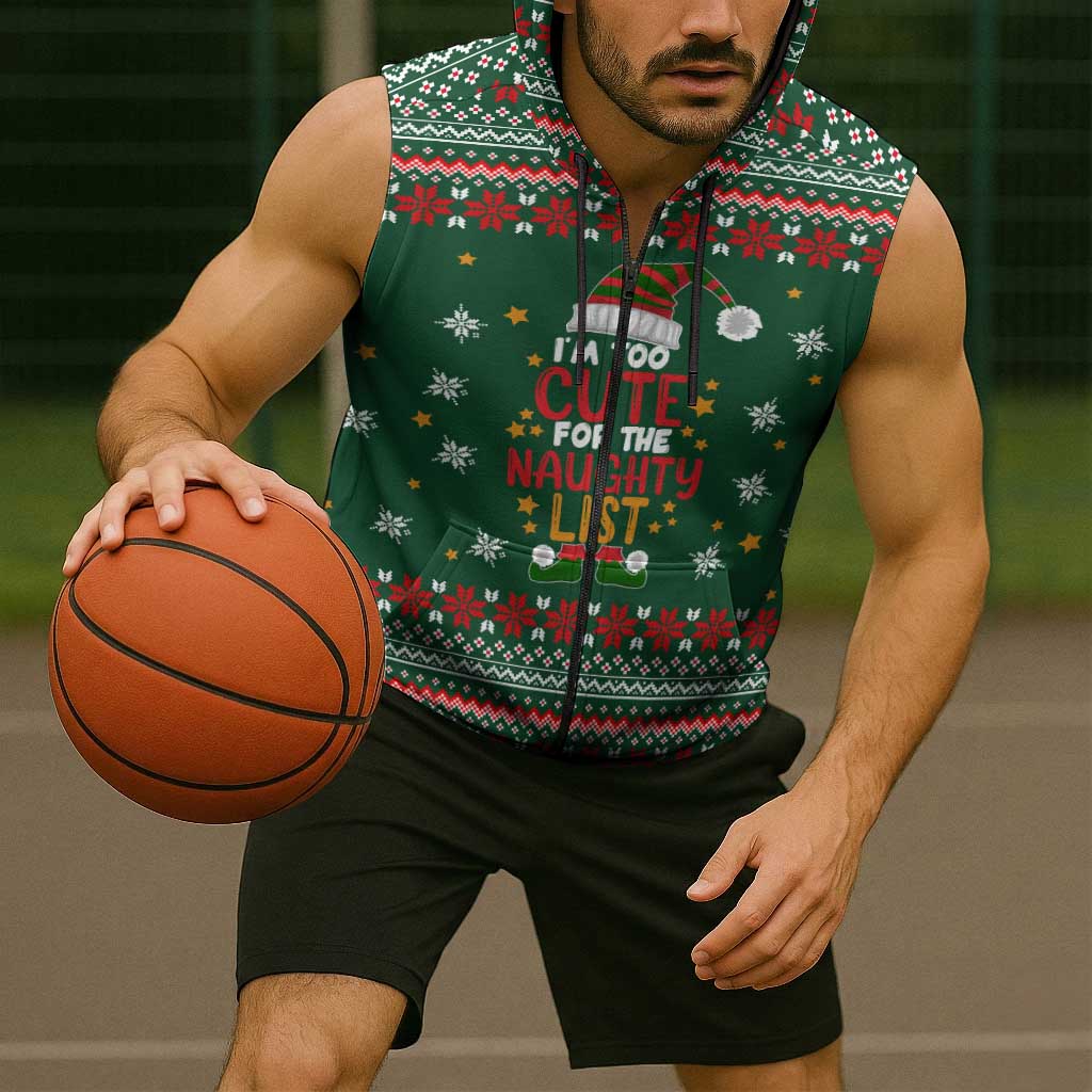 Too Cute For The Naughty List Christmas Sleeveless Zip Hoodie Xmas Holiday Patterns - Wonder Print Shop