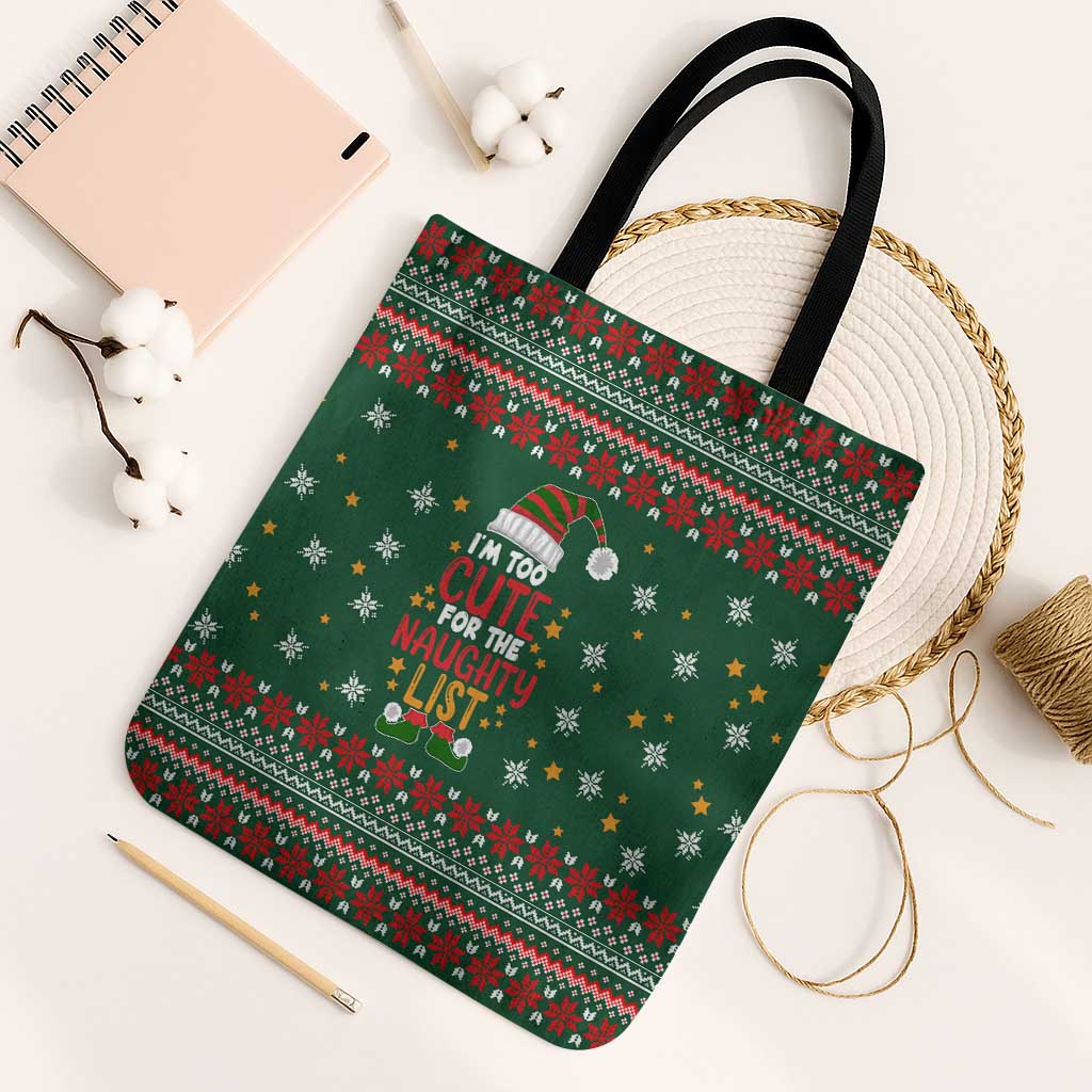 Too Cute For The Naughty List Christmas Tote Bag Xmas Holiday Patterns - Wonder Print Shop