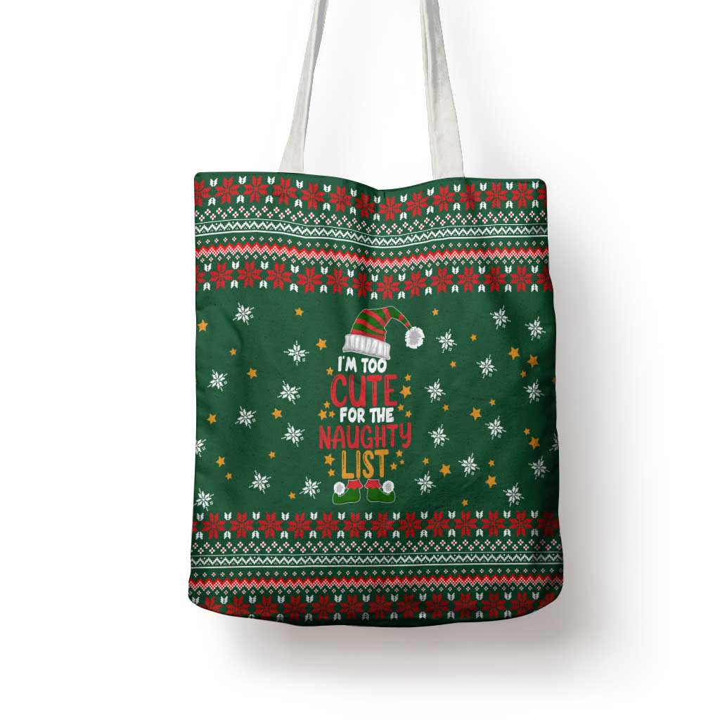 Too Cute For The Naughty List Christmas Tote Bag Xmas Holiday Patterns - Wonder Print Shop
