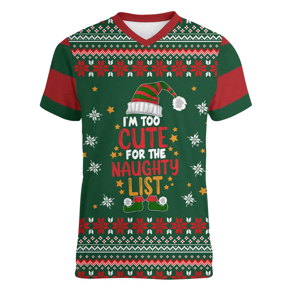 Too Cute For The Naughty List Christmas Women V-Neck T-Shirt Xmas Holiday Patterns - Wonder Print Shop
