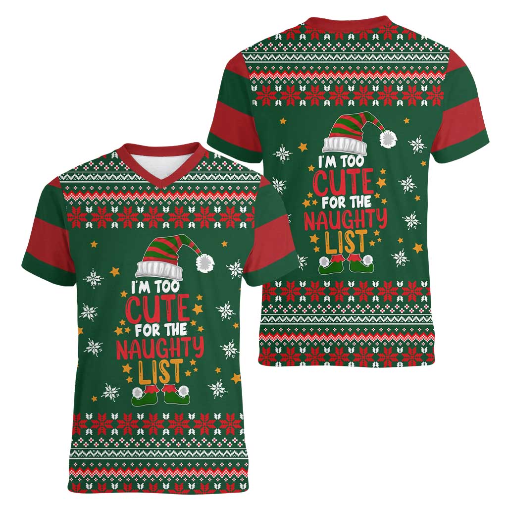 Too Cute For The Naughty List Christmas Women V-Neck T-Shirt Xmas Holiday Patterns - Wonder Print Shop