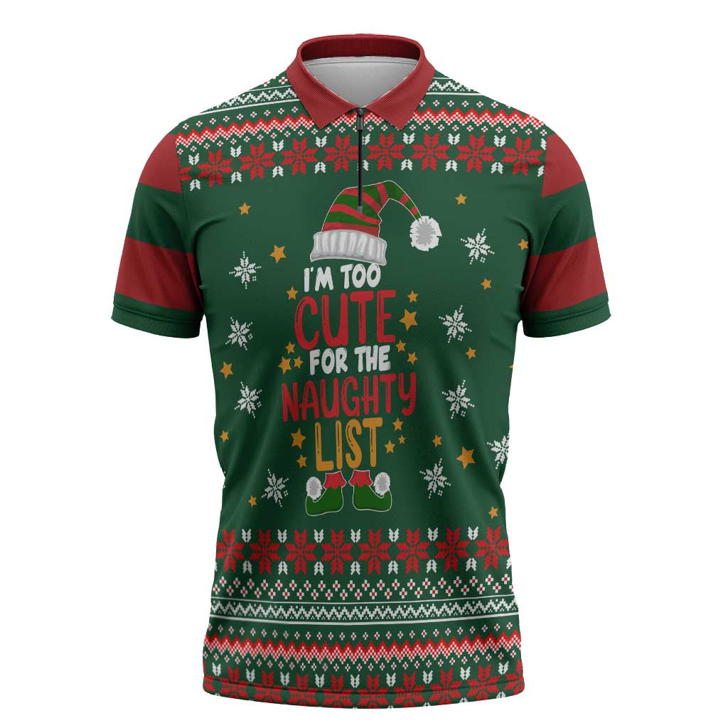Too Cute For The Naughty List Christmas Zipper Polo Shirt Xmas Holiday Patterns - Wonder Print Shop