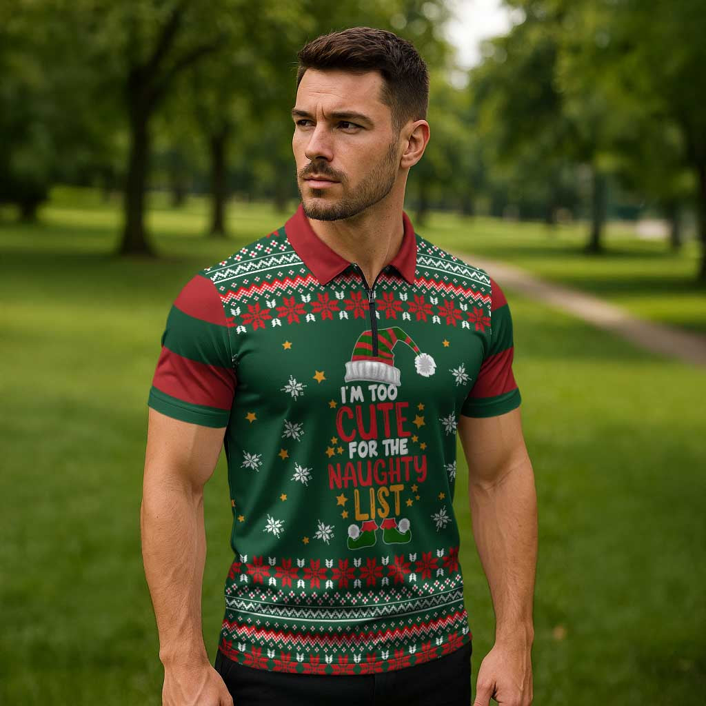 Too Cute For The Naughty List Christmas Zipper Polo Shirt Xmas Holiday Patterns - Wonder Print Shop
