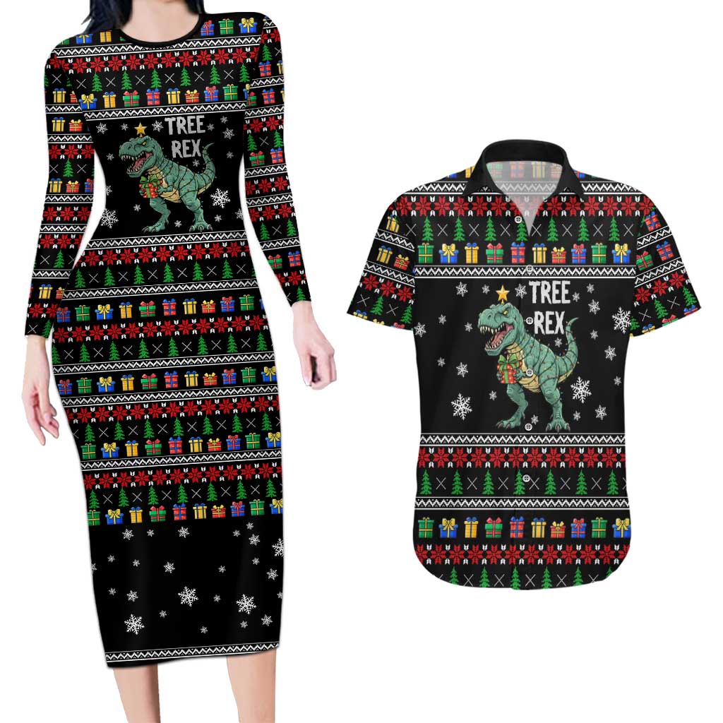 Tree Rex Christmas Couples Matching Long Sleeve Bodycon Dress and Hawaiian Shirt Xmas Holiday Patterns - Wonder Print Shop