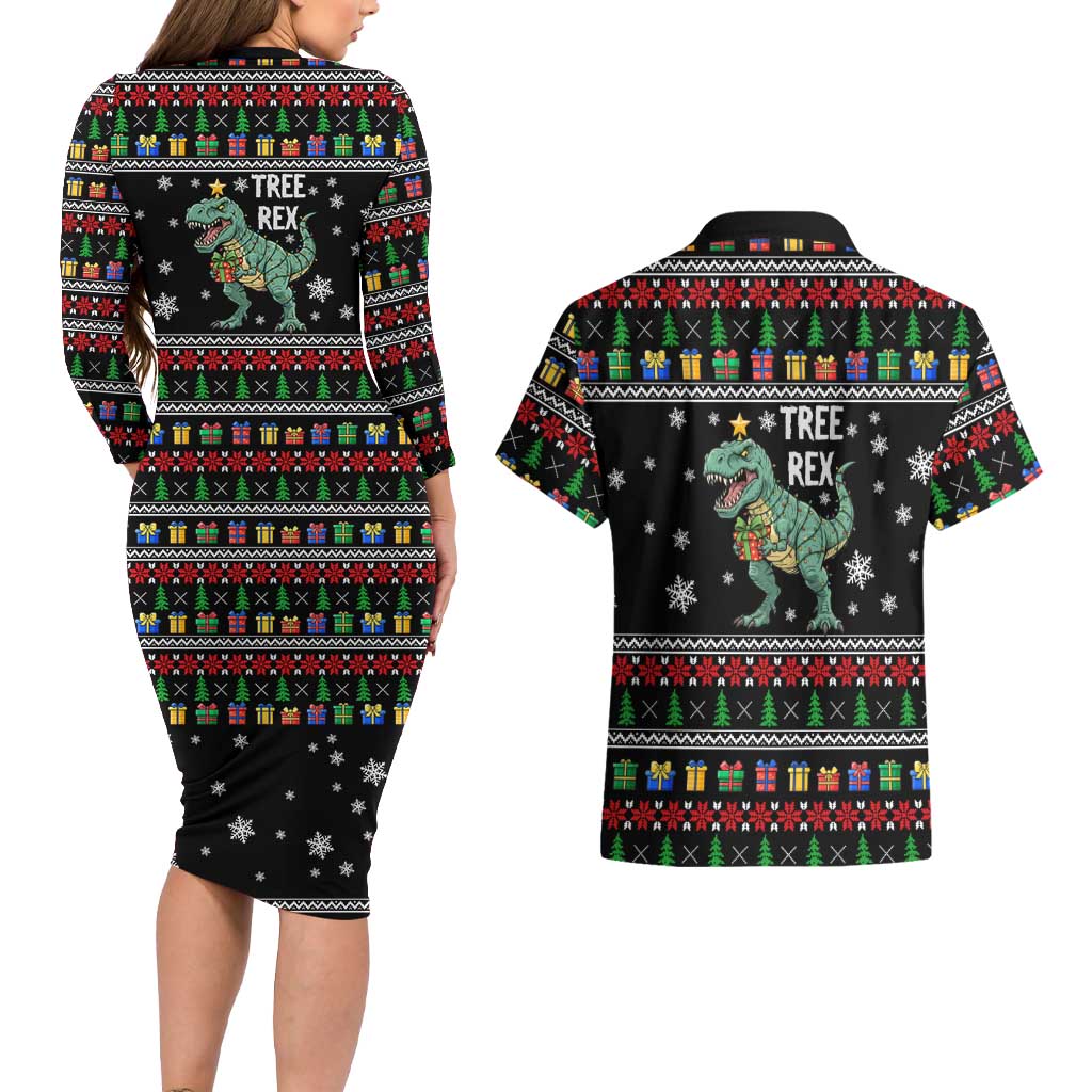 Tree Rex Christmas Couples Matching Long Sleeve Bodycon Dress and Hawaiian Shirt Xmas Holiday Patterns - Wonder Print Shop