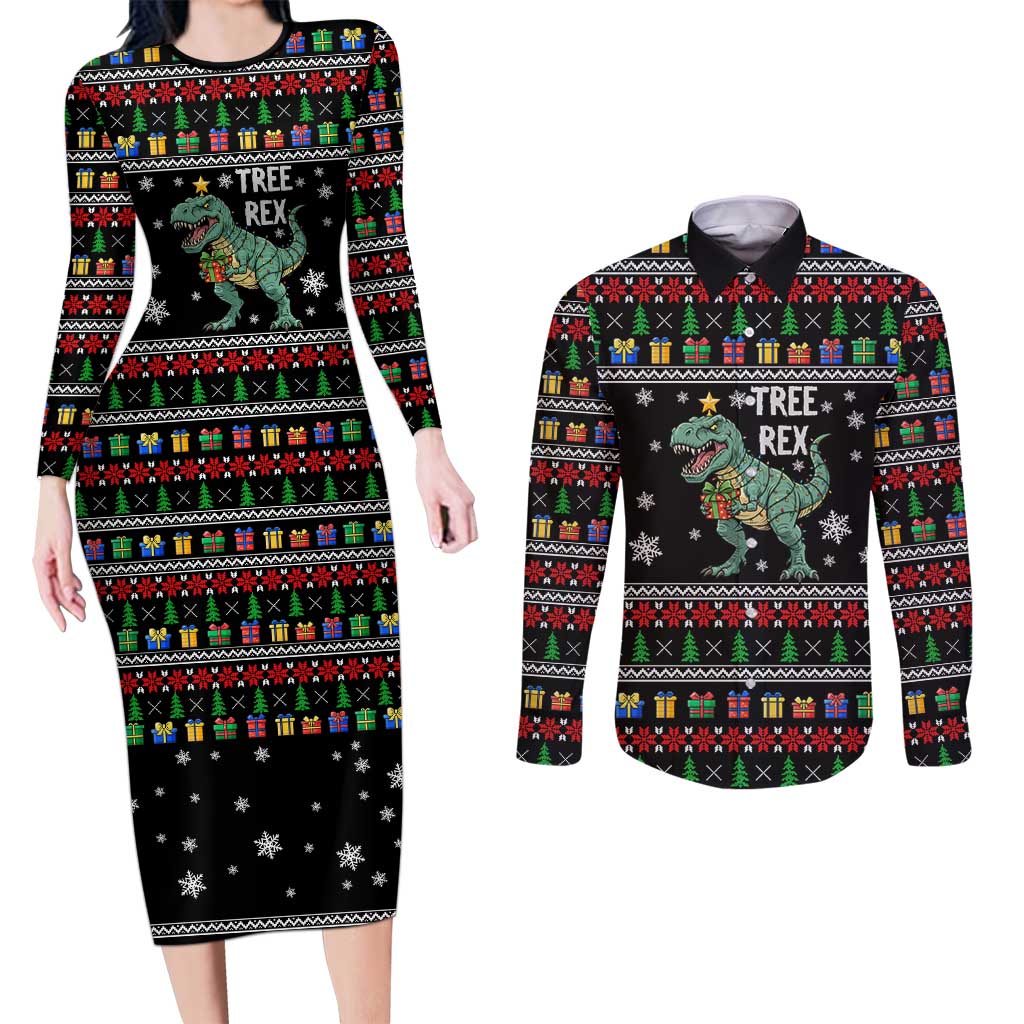 Tree Rex Christmas Couples Matching Long Sleeve Bodycon Dress and Long Sleeve Button Shirt Xmas Holiday Patterns - Wonder Print Shop