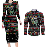 Tree Rex Christmas Couples Matching Long Sleeve Bodycon Dress and Long Sleeve Button Shirt Xmas Holiday Patterns - Wonder Print Shop