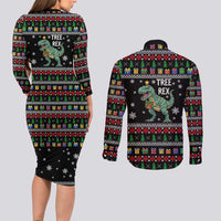 Tree Rex Christmas Couples Matching Long Sleeve Bodycon Dress and Long Sleeve Button Shirt Xmas Holiday Patterns - Wonder Print Shop