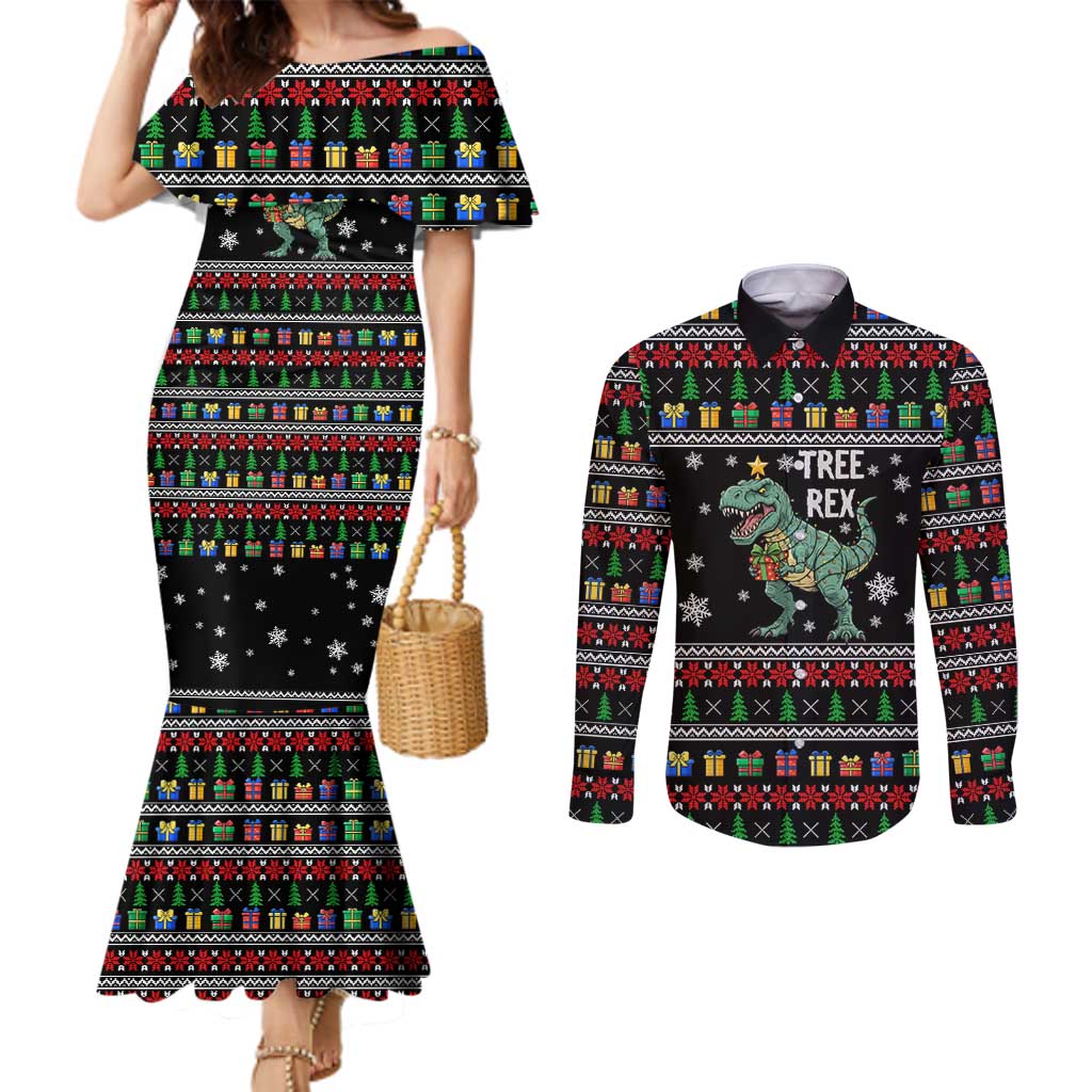 Tree Rex Christmas Couples Matching Mermaid Dress and Long Sleeve Button Shirt Xmas Holiday Patterns - Wonder Print Shop