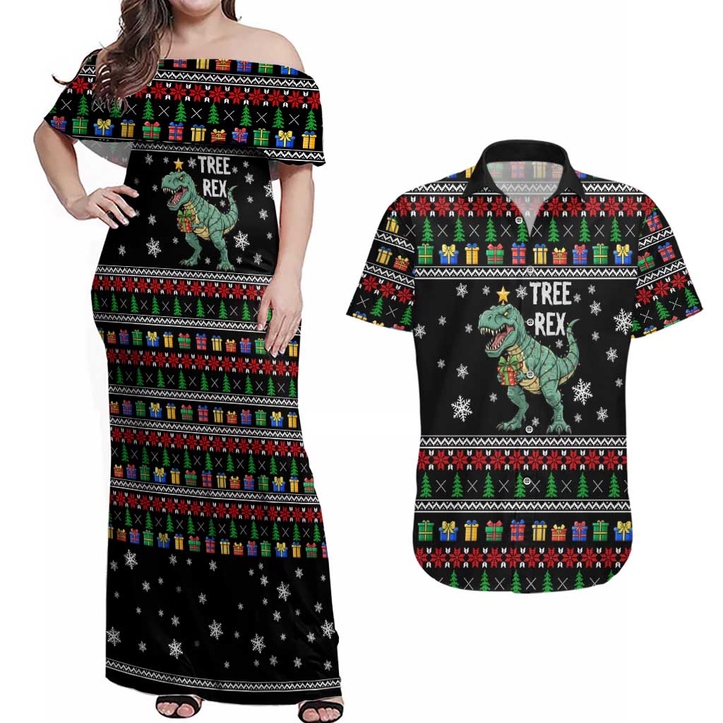 Tree Rex Christmas Couples Matching Off Shoulder Maxi Dress and Hawaiian Shirt Xmas Holiday Patterns - Wonder Print Shop