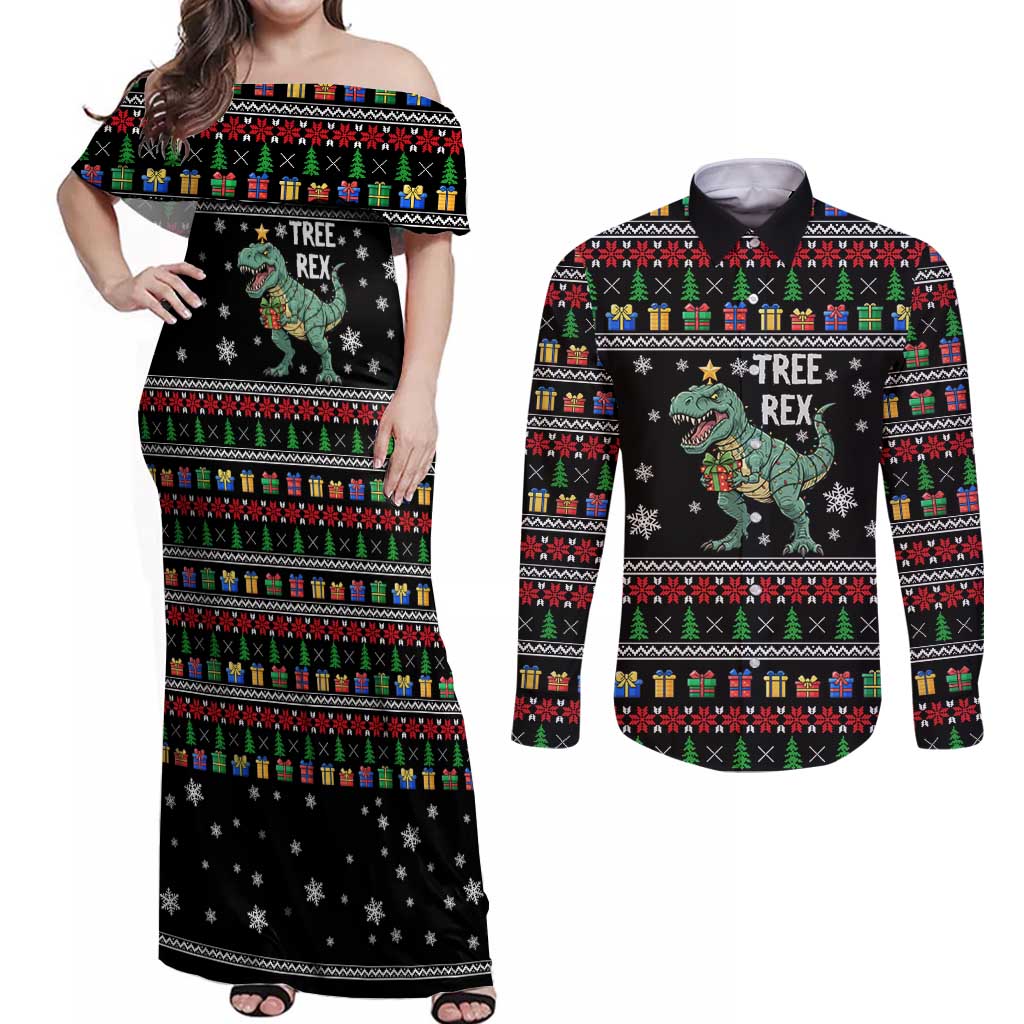 Tree Rex Christmas Couples Matching Off Shoulder Maxi Dress and Long Sleeve Button Shirt Xmas Holiday Patterns - Wonder Print Shop