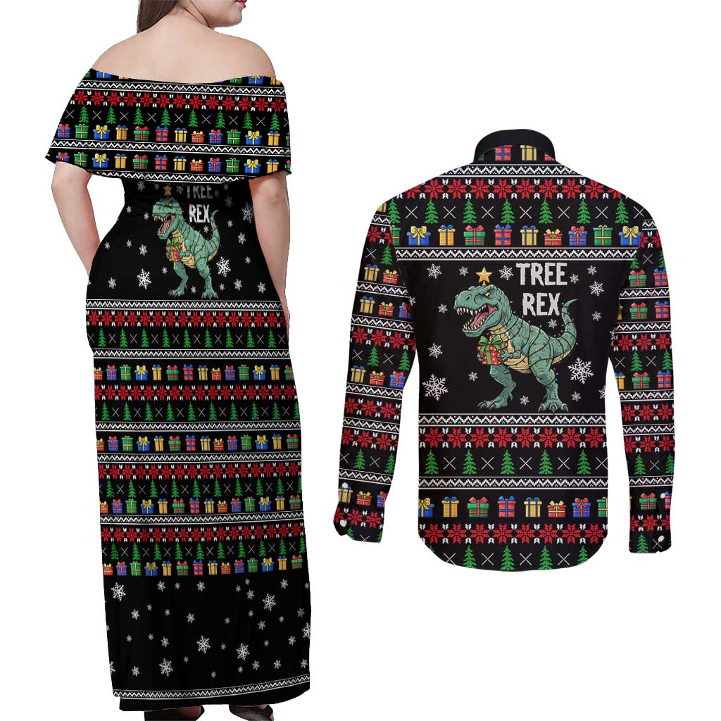 Tree Rex Christmas Couples Matching Off Shoulder Maxi Dress and Long Sleeve Button Shirt Xmas Holiday Patterns - Wonder Print Shop