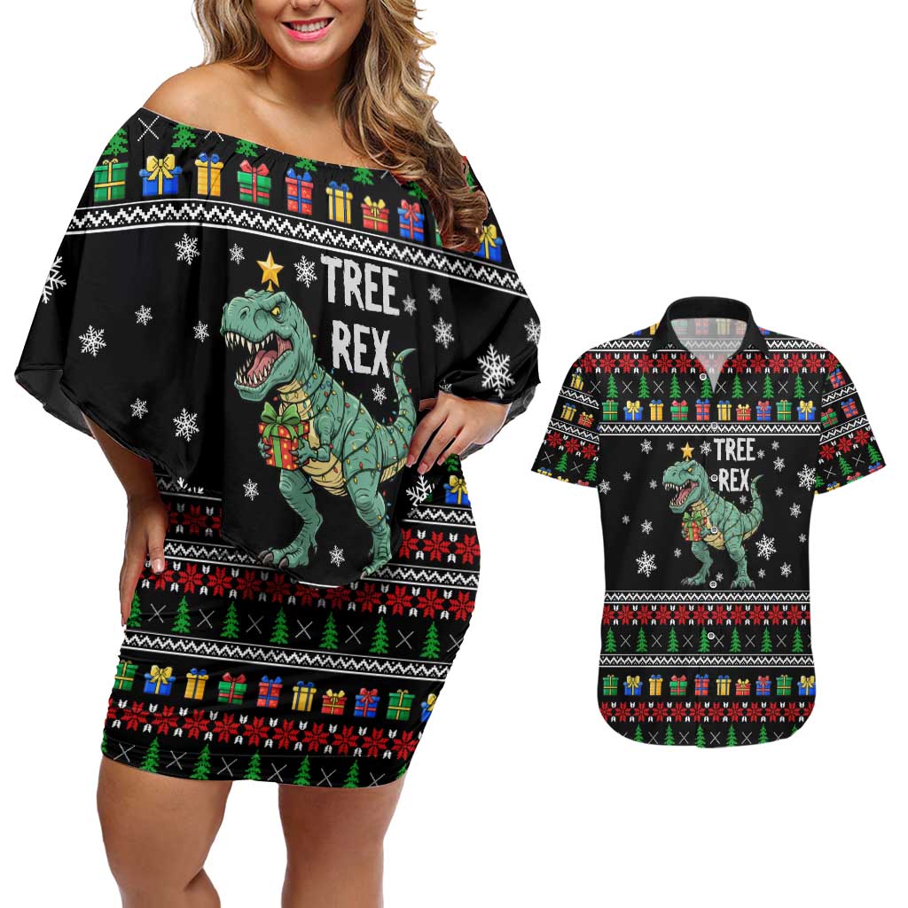 Tree Rex Christmas Couples Matching Off Shoulder Short Dress and Hawaiian Shirt Xmas Holiday Patterns - Wonder Print Shop