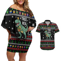 Tree Rex Christmas Couples Matching Off Shoulder Short Dress and Hawaiian Shirt Xmas Holiday Patterns - Wonder Print Shop