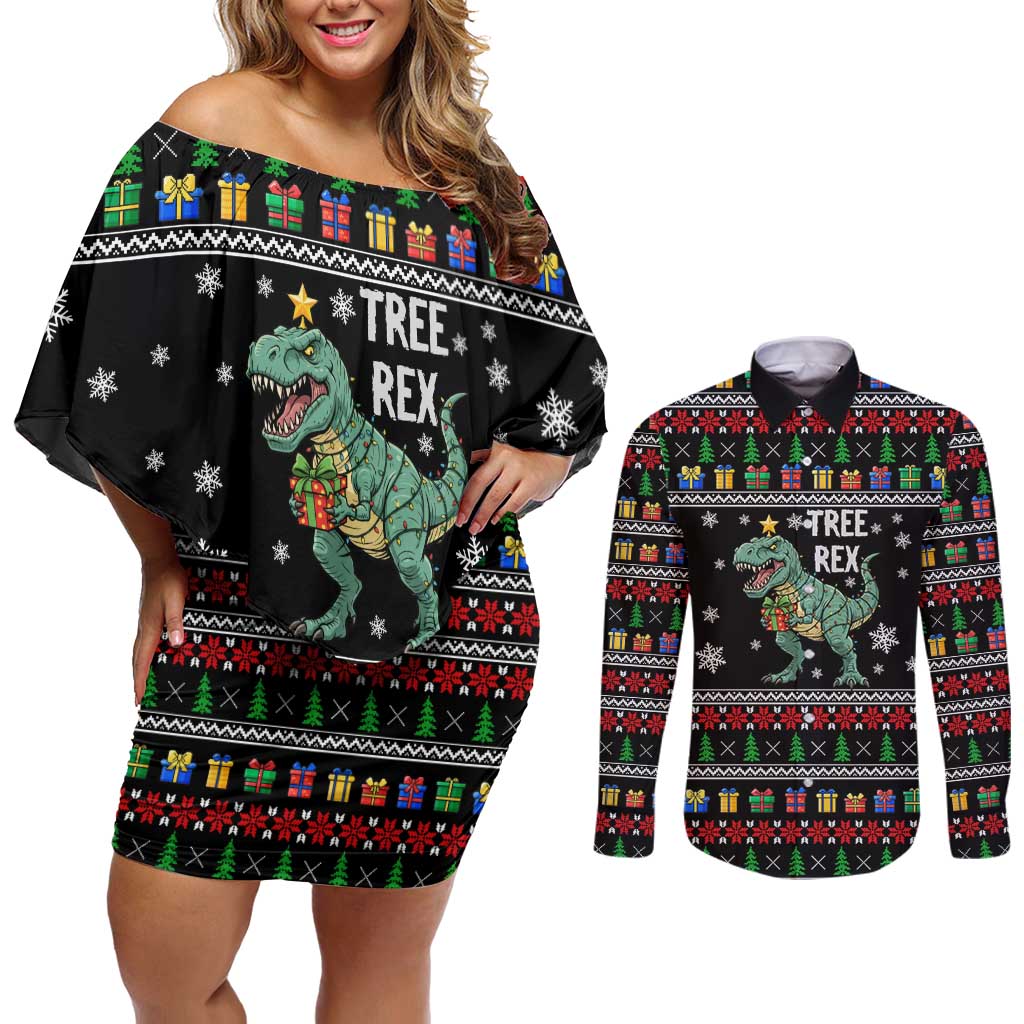 Tree Rex Christmas Couples Matching Off Shoulder Short Dress and Long Sleeve Button Shirt Xmas Holiday Patterns - Wonder Print Shop
