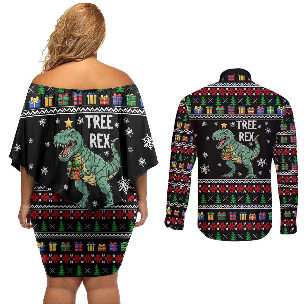 Tree Rex Christmas Couples Matching Off Shoulder Short Dress and Long Sleeve Button Shirt Xmas Holiday Patterns - Wonder Print Shop