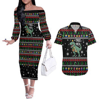 Tree Rex Christmas Couples Matching Off The Shoulder Long Sleeve Dress and Hawaiian Shirt Xmas Holiday Patterns - Wonder Print Shop